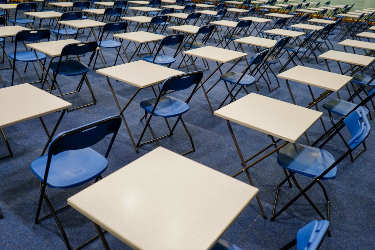 Rows of desks in an examination hall